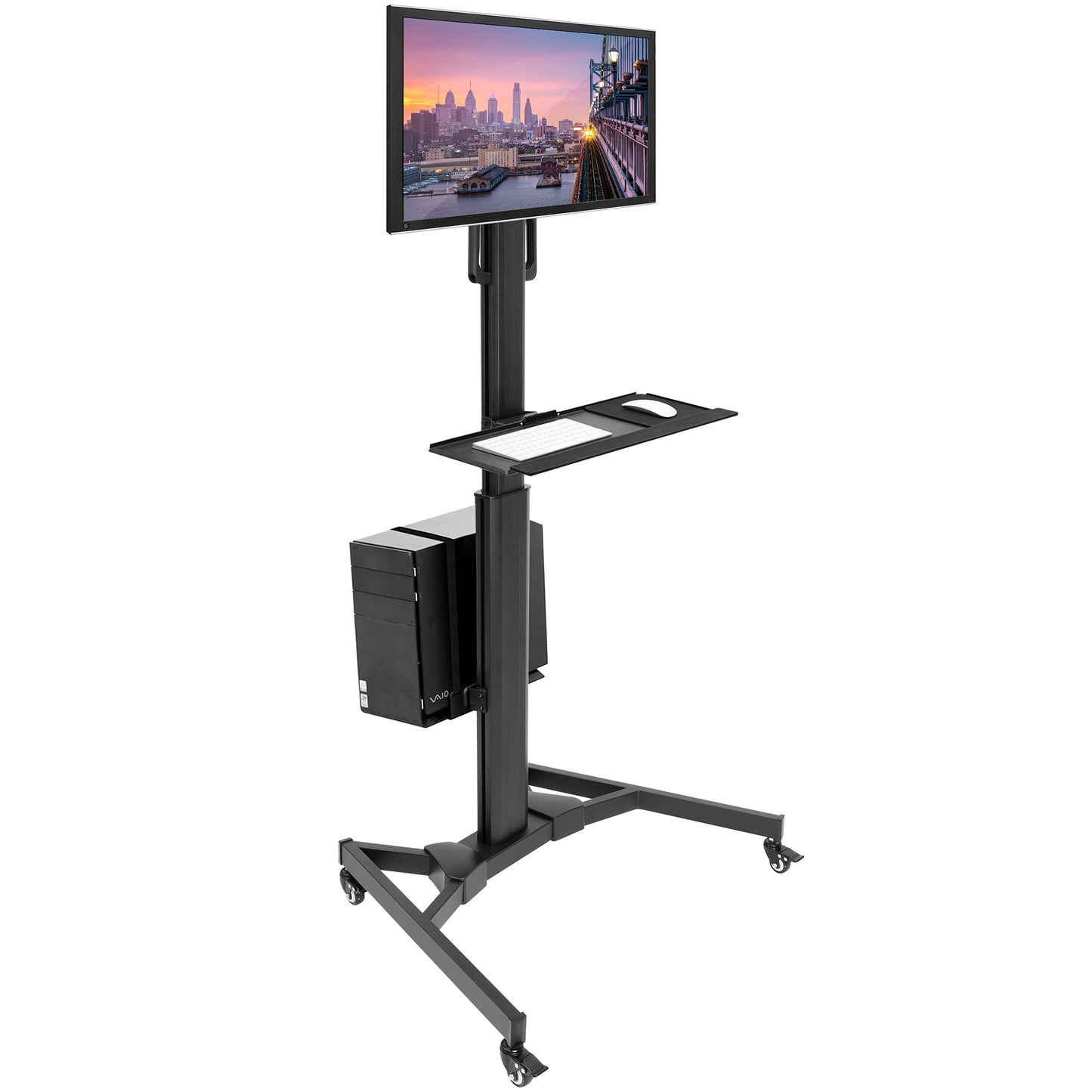 Adjustable Mobile PC Workstation Single Dual Monitor Standing Cart Keyboard Tray CPU Holder Rolling Computer Desk 13–32 Inch Monitor Support