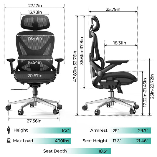 Ergonomic Mesh Office Chair Adjustable Lumbar High Back 4D Arms Tilt Headrest 400lb Capacity PU Wheels