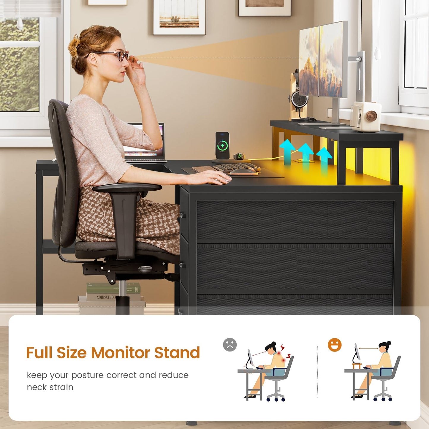 L Shaped Gaming Desk with Storage Drawers LED Lights Power Outlets Corner Home Office Desk Shelves
