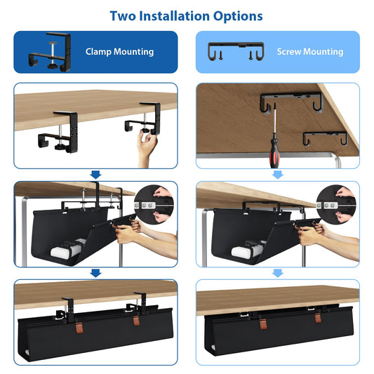 Under Desk Cable Management Tray Fabric Cord Organizer Clamp or Screw Mount No Drill Wire Management Home Office