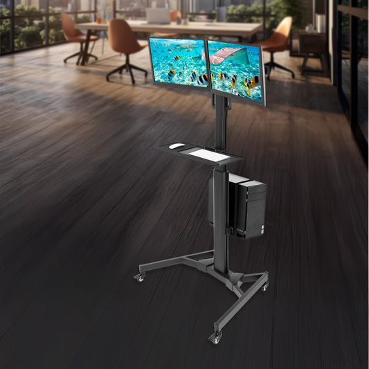 Adjustable Mobile PC Workstation Single Dual Monitor Standing Cart Keyboard Tray CPU Holder Rolling Computer Desk 13–32 Inch Monitor Support