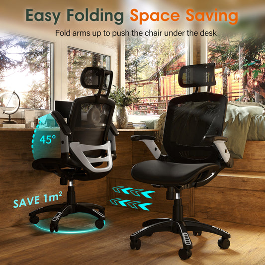 GABRYLLY Ergonomic Office Chair, High Back Mesh Desk Chair with Adjustable Headrest, Flip-Up Arms, Tilt Lock Function, Lumbar Support and Comfy Seat, Swivel Computer Task Chair