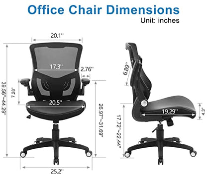 Office Chair Ergonomic Desk Chair, Computer PU Leather Home Office Chair, Swivel Mesh Back Adjustable Lumbar Support Flip-up Arms Executive Task Chair