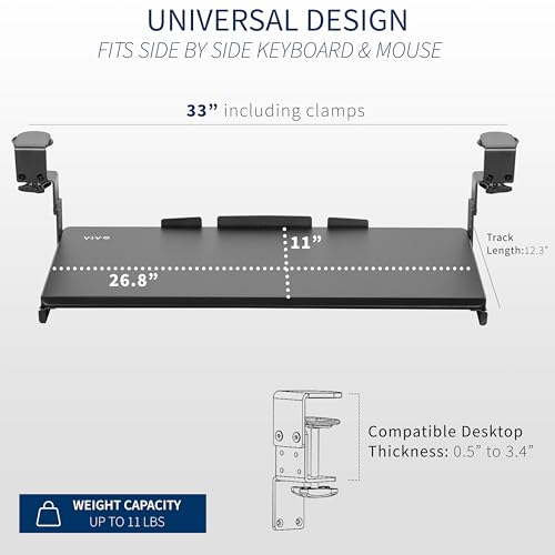 Large Under Desk Adjustable Keyboard Tray C-Clamp Slide Out Ergonomic Platform 27x11 Inch Mouse Typing Drawer Workstation