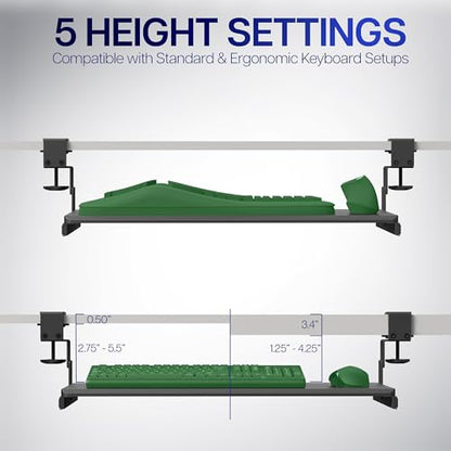 Large Under Desk Adjustable Keyboard Tray C-Clamp Slide Out Ergonomic Platform 27x11 Inch Mouse Typing Drawer Workstation
