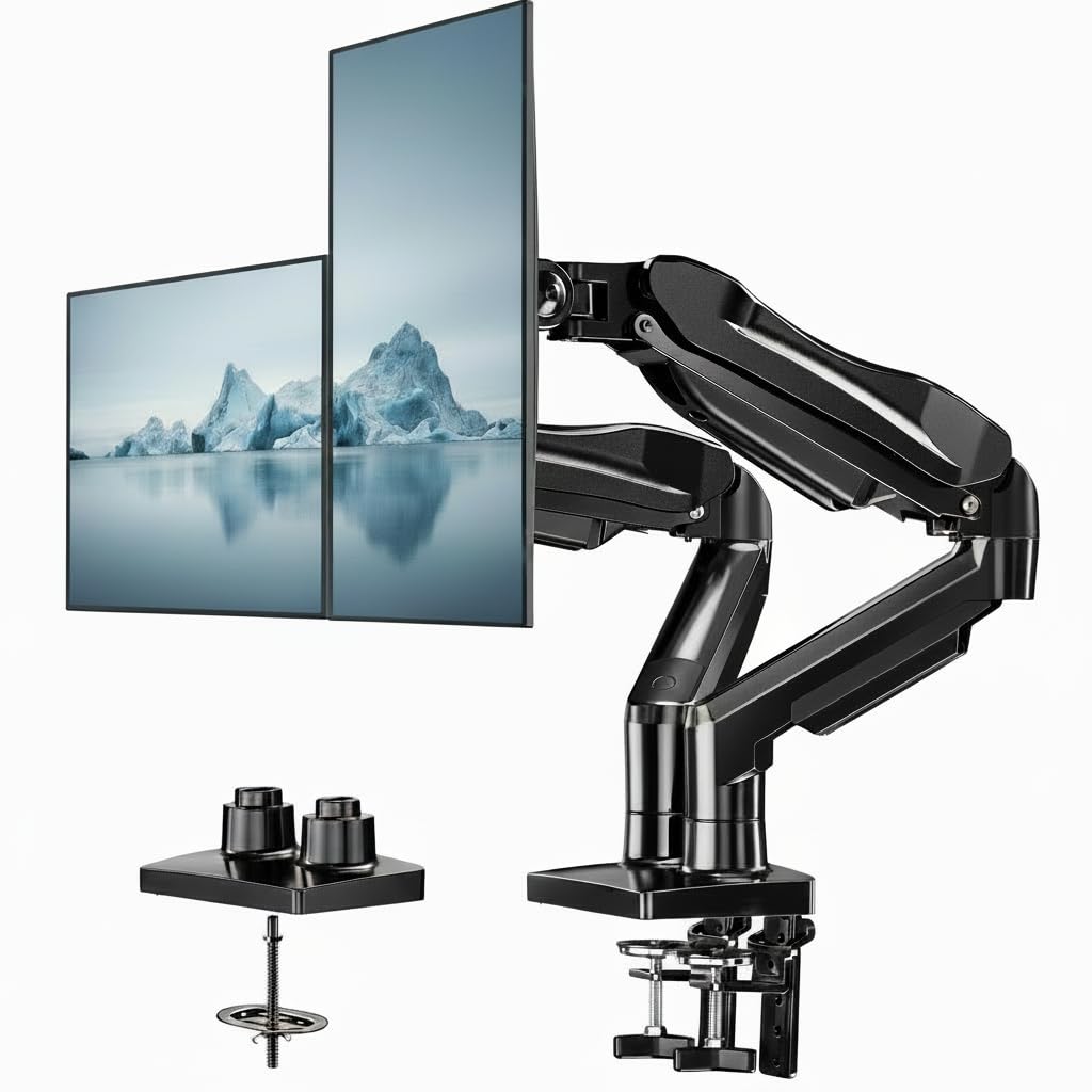 Dual Monitor Desk Mount Fully Adjustable Swivel VESA C Clamp Grommet Base 13–32 Inch Screen Support Stand