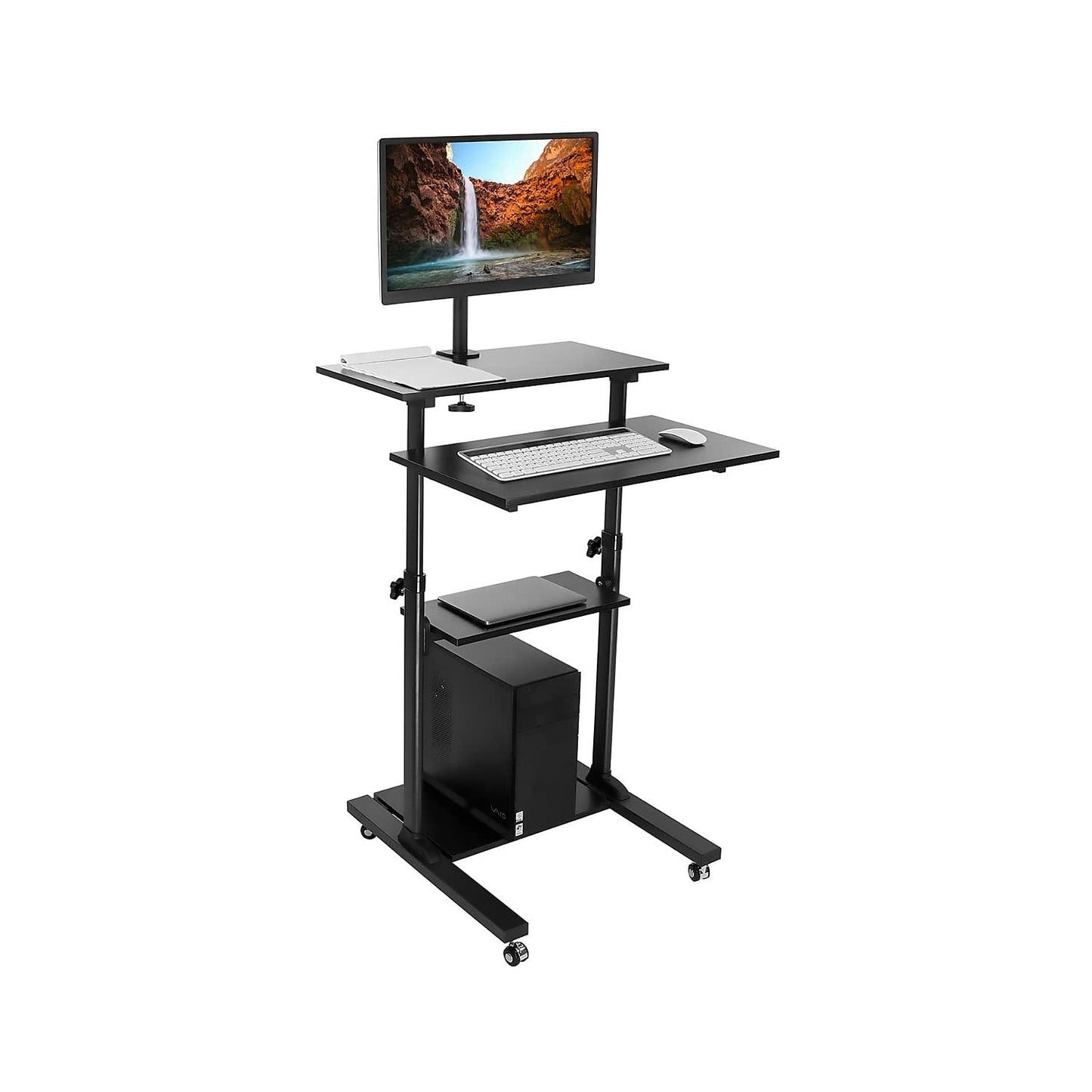 Mobile Stand Up Desk Adjustable Height Rolling Workstation with Monitor Arm Presentation Cart Computer Desk