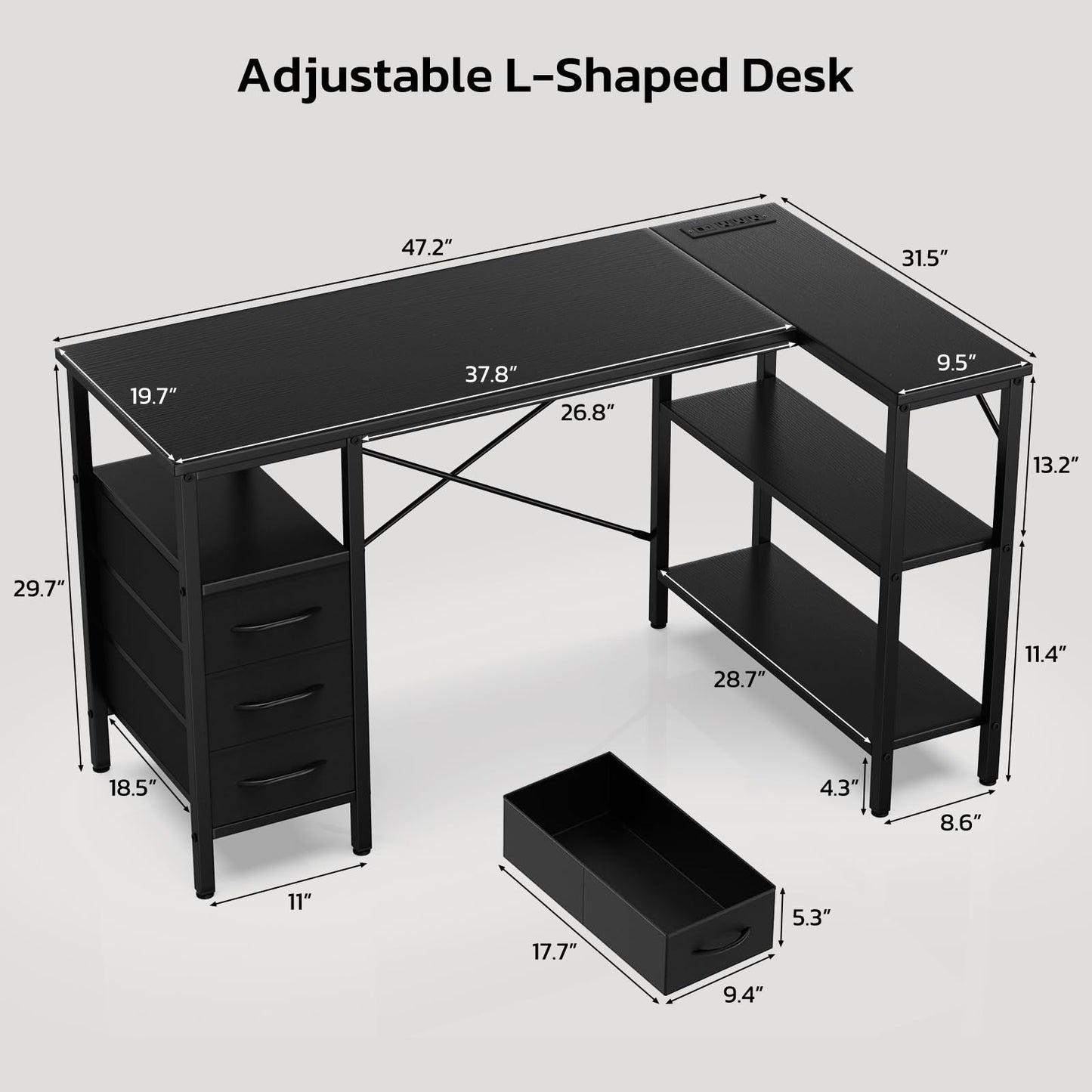 L Shaped Gaming Desk with Power Outlets Storage Drawers Shelves Corner Home Office Computer Desk