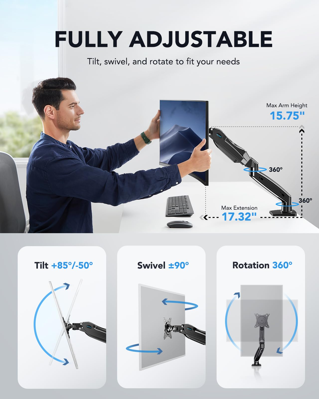 Single Monitor Mount Adjustable Monitor Arm VESA C-Clamp Grommet Base 13–32 Inch Screen Support Stand