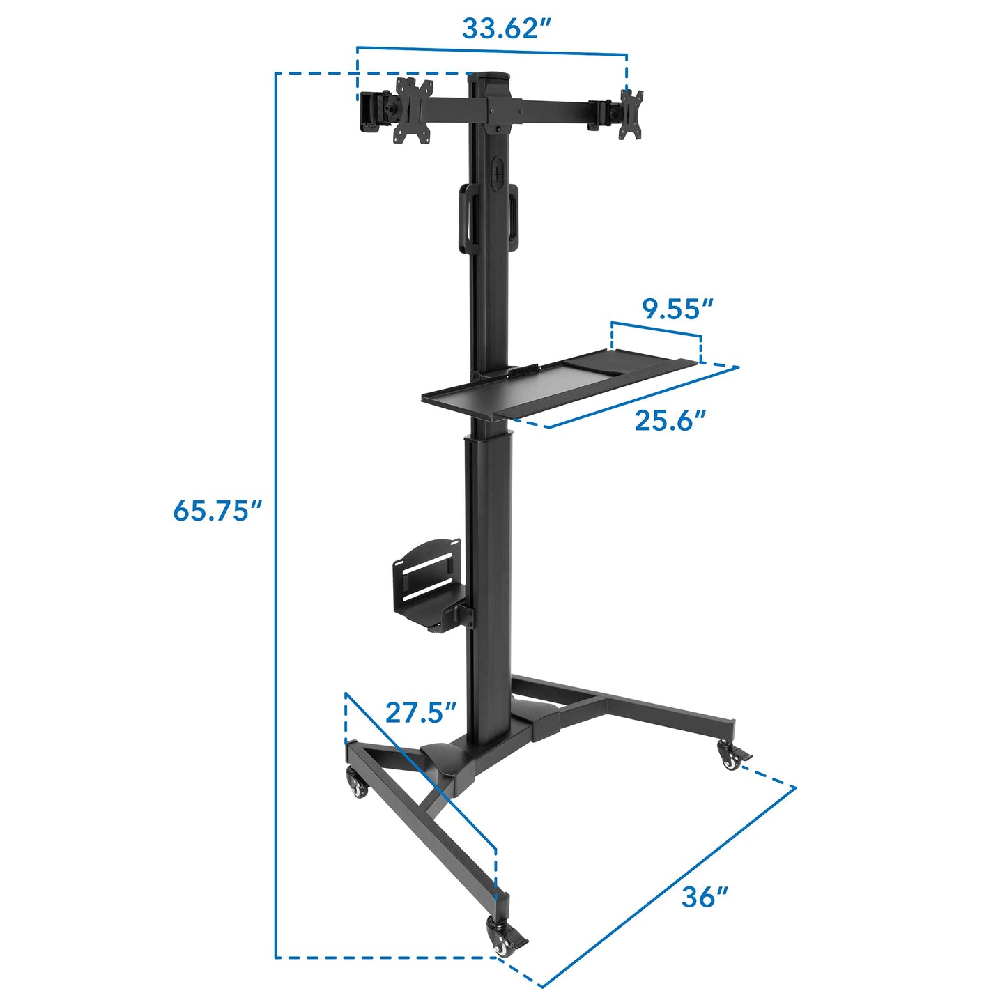 Adjustable Mobile PC Workstation Single Dual Monitor Standing Cart Keyboard Tray CPU Holder Rolling Computer Desk 13–32 Inch Monitor Support