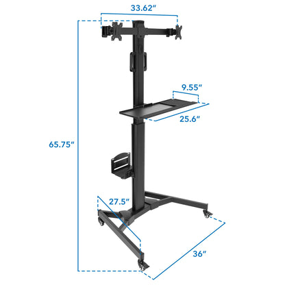 Adjustable Mobile PC Workstation Single Dual Monitor Standing Cart Keyboard Tray CPU Holder Rolling Computer Desk 13–32 Inch Monitor Support