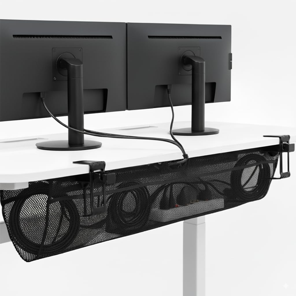 Under Desk Cable Management Mesh Clamp-On Wire Organizer Workstation Cable Net Storage Rack
