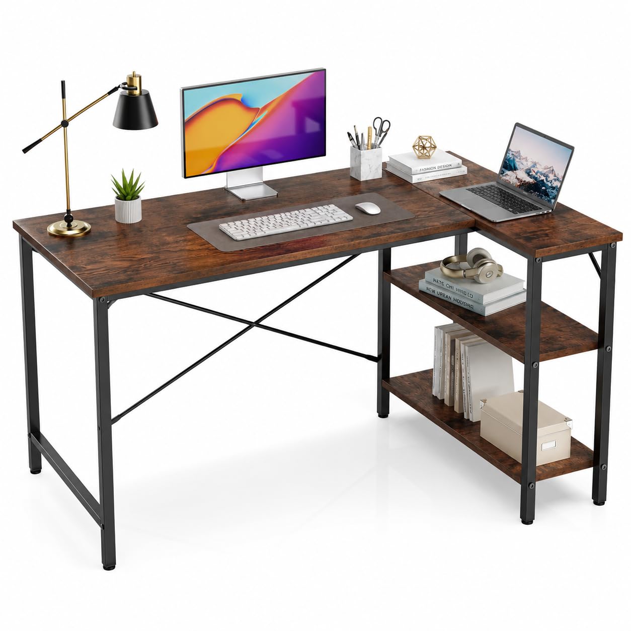 L Shaped Gaming Desk with Power Outlets Storage Drawers Shelves Corner Home Office Computer Desk