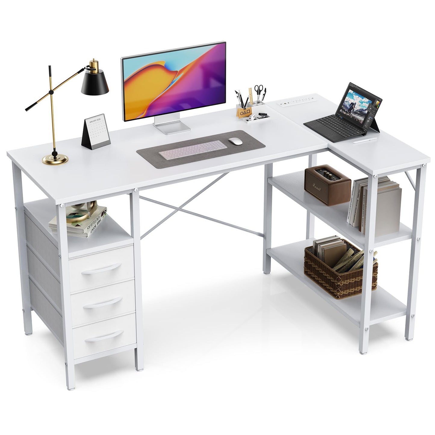 L Shaped Gaming Desk with Power Outlets Storage Drawers Shelves Corner Home Office Computer Desk