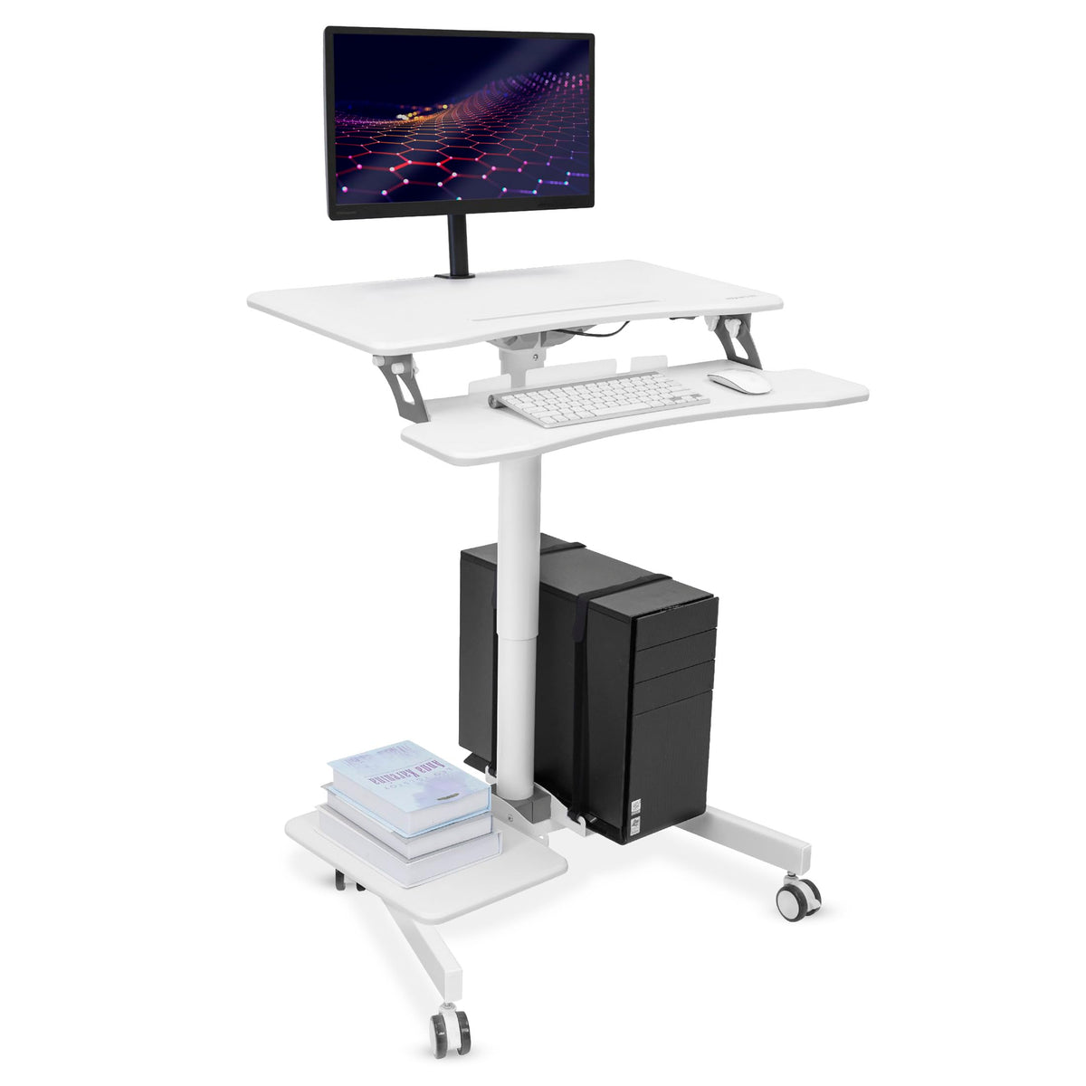 Height Adjustable Mobile Computer Cart Rolling Workstation with Keyboard Tray Storage Shelves Locking Wheels Office Classroom Home Stand