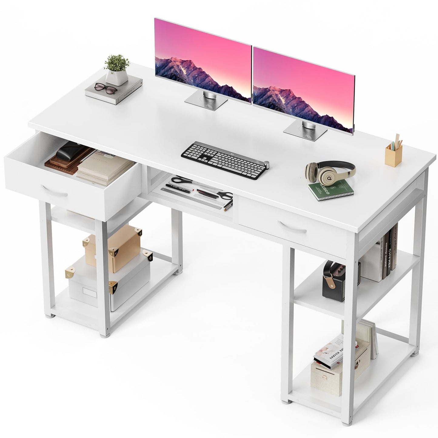 Small Computer Desk with Drawers Storage Bag Headphone Hook Adjustable Feet Home Office Study Gaming Desk
