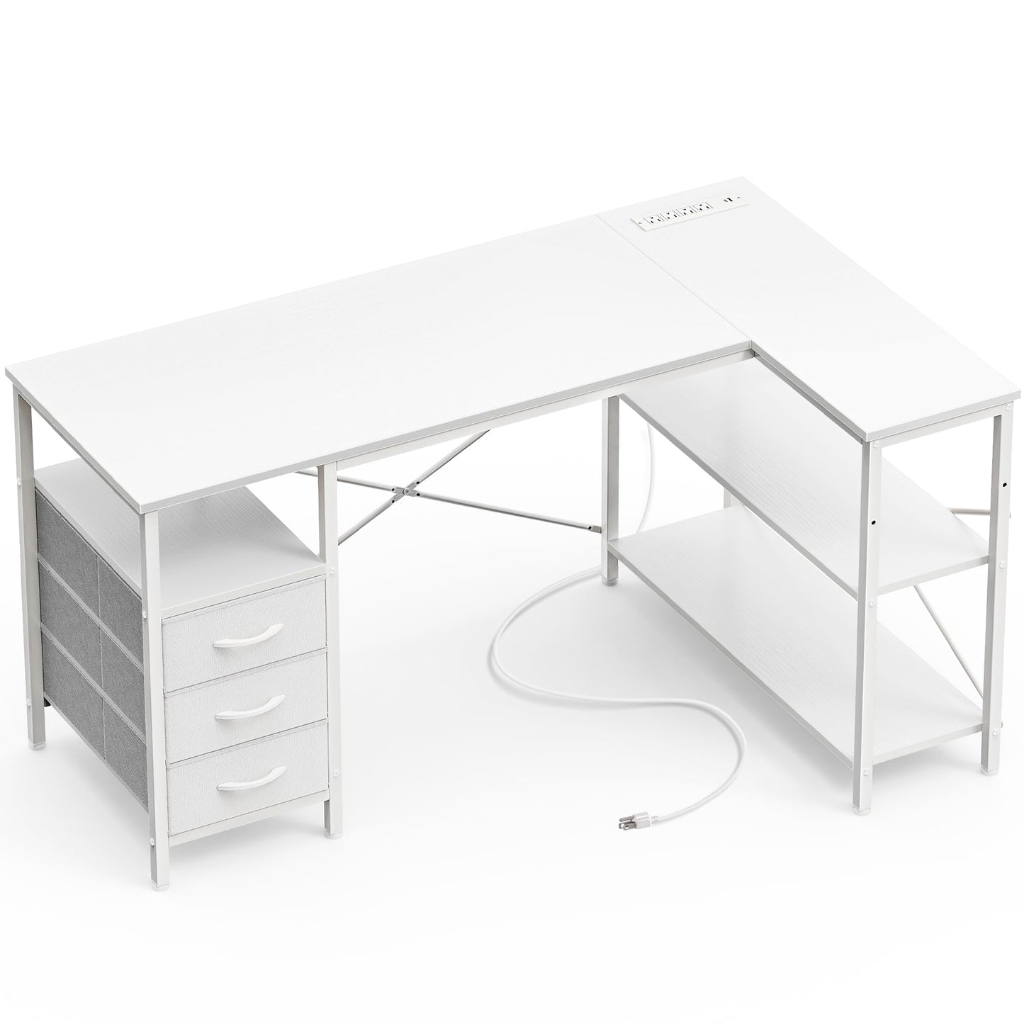 L Shaped Corner Desk with Power Outlets Drawer Shelf Reversible Home Office Computer Desk
