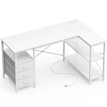 L Shaped Corner Desk with Power Outlets Drawer Shelf Reversible Home Office Computer Desk