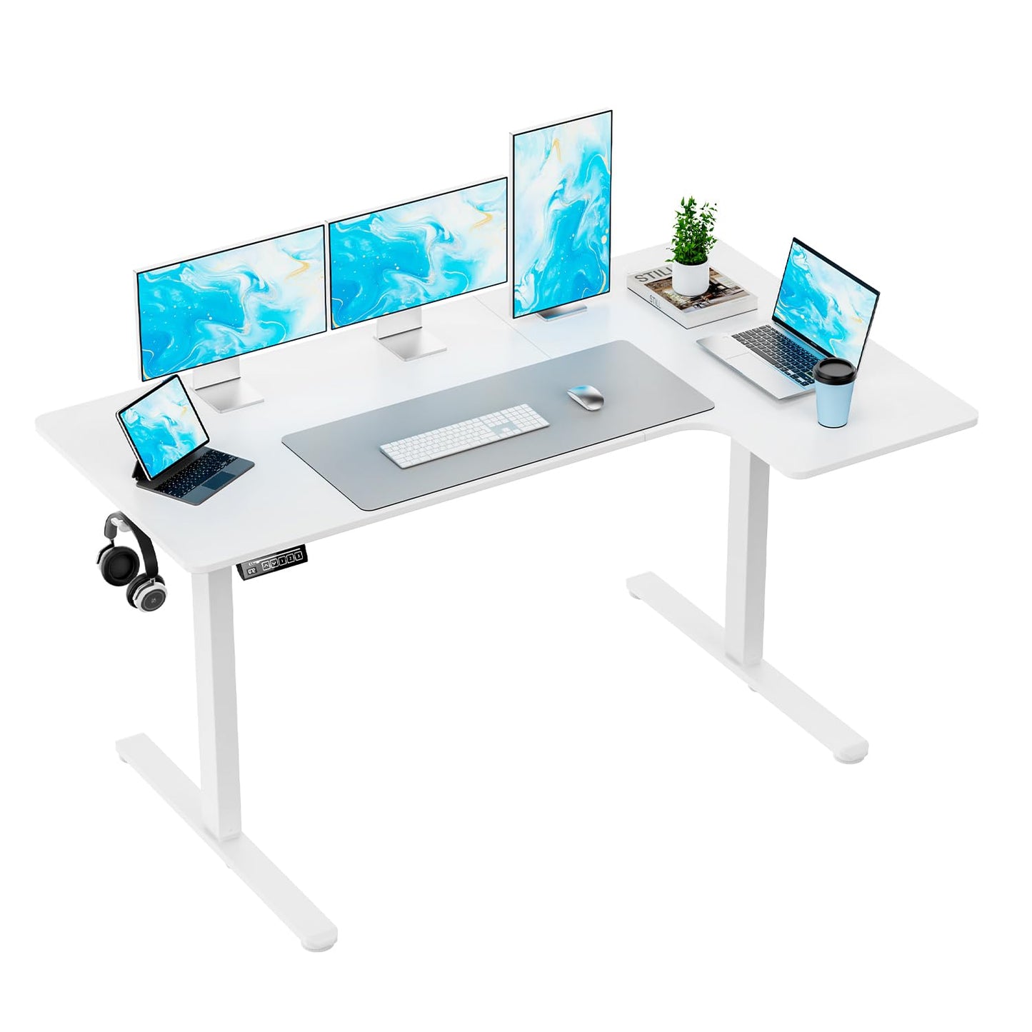Electric Height Adjustable L-Shaped Standing Desk Memory Preset Sit Stand Home Office Desk Two-Piece Wood Desktop