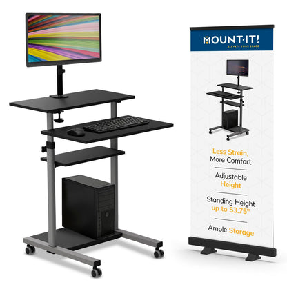 Mobile Stand Up Desk Adjustable Height Rolling Workstation with Monitor Arm Presentation Cart Computer Desk