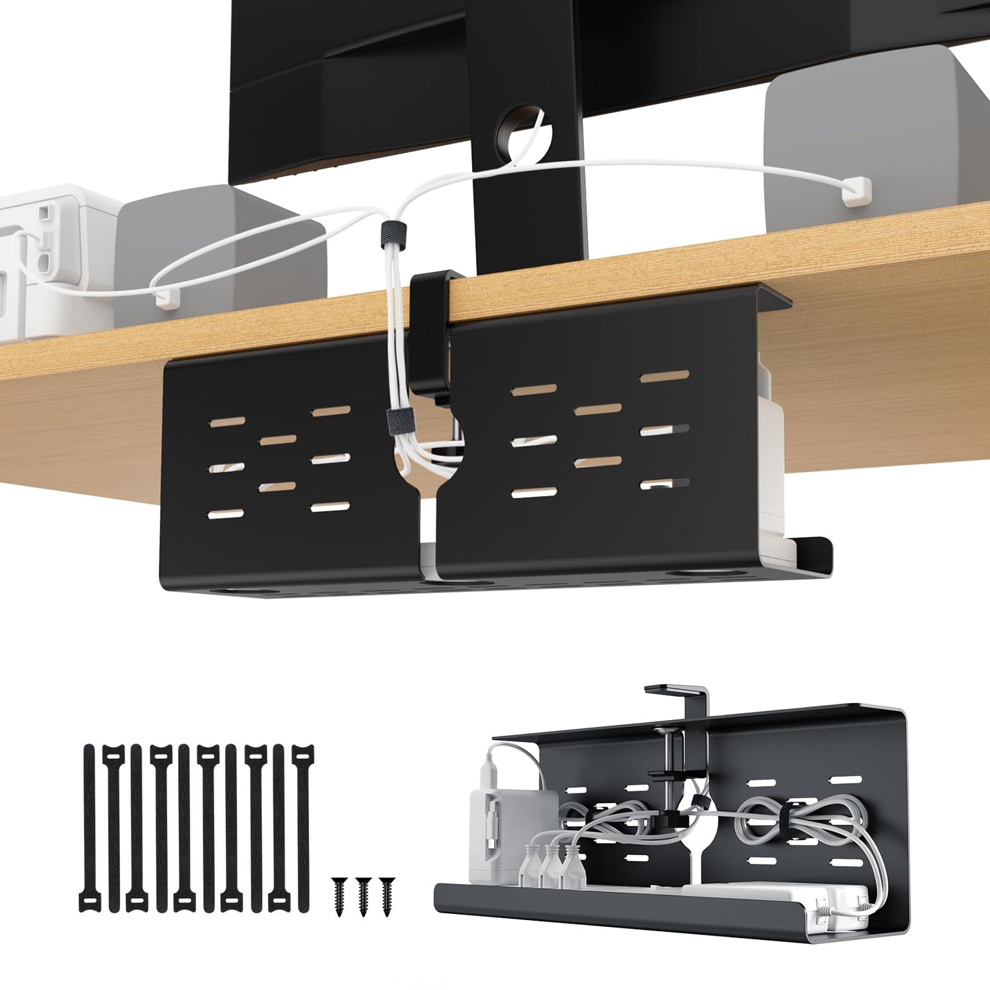 Under Desk Cable Management Tray Cord Organizer Metal Clamp or Screw Mount Heavy Duty Desk Cable Storage Rack