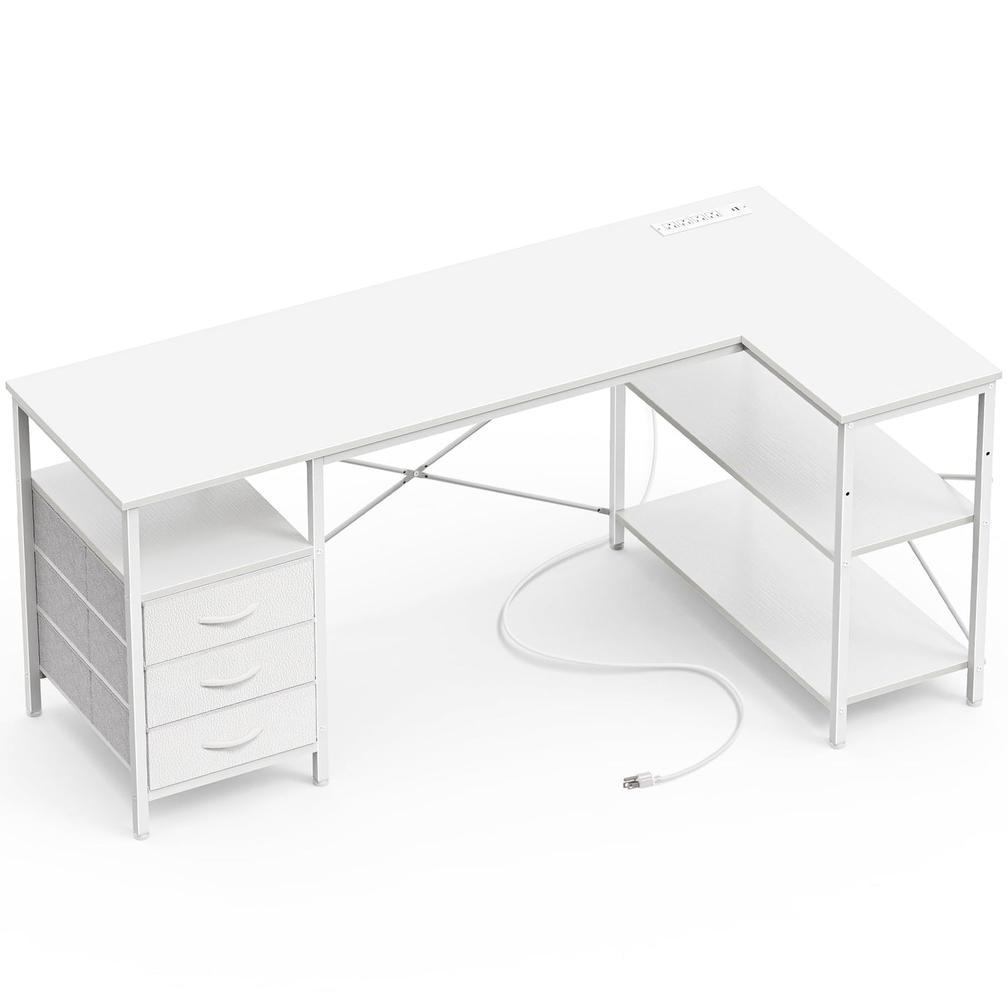 L Shaped Corner Desk with Power Outlets Drawer Shelf Reversible Home Office Computer Desk