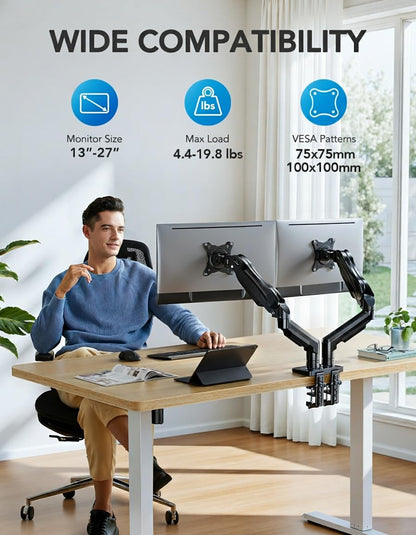 Dual Monitor Desk Mount Fully Adjustable Swivel VESA C Clamp Grommet Base 13–32 Inch Screen Support Stand