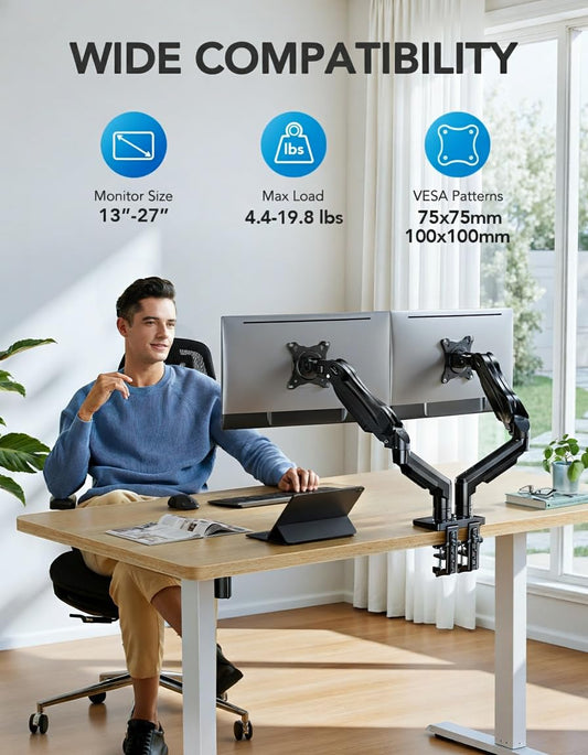 Dual Monitor Desk Mount Fully Adjustable Swivel VESA C Clamp Grommet Base 13–32 Inch Screen Support Stand