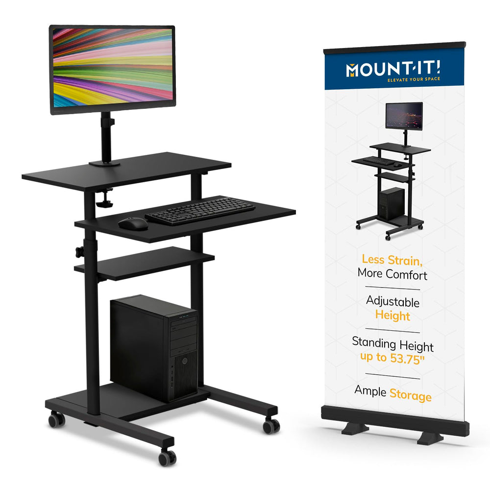 Mobile Stand Up Desk Adjustable Height Rolling Workstation with Monitor Arm Presentation Cart Computer Desk