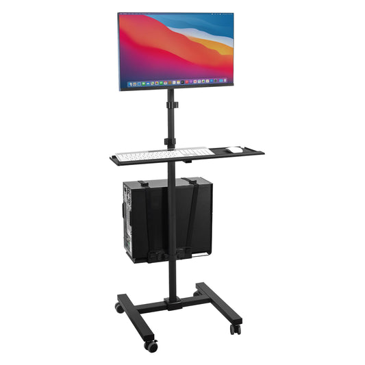 Rolling Mobile Computer Cart Adjustable Monitor Mount Keyboard Tray CPU Holder Standing Workstation Up to 32 Inch Screen