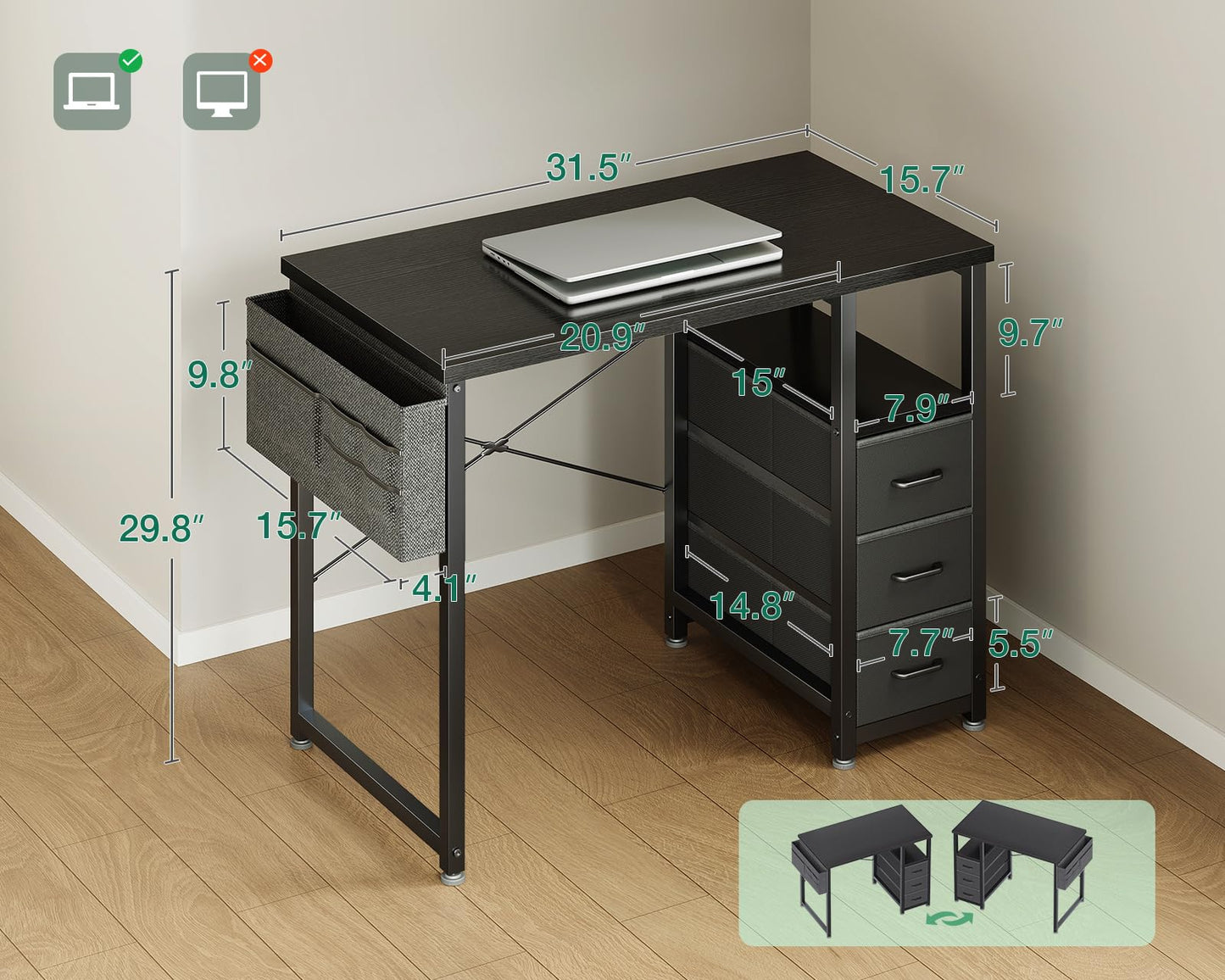 AODK Desk with 3 Drawers and Charging Station