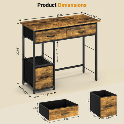 Small Computer Desk with Fabric Drawers Storage Shelf Compact Home Office Study Desk Rustic Brown