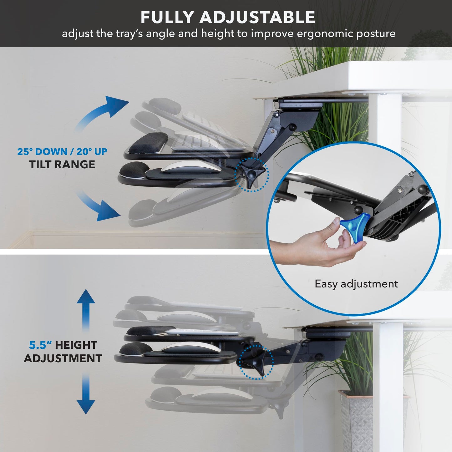 Full Motion Under Desk Keyboard Tray Adjustable Height Tilt Swivel Ergonomic Slide Out Platform with Wrist Rest Drawer Mount Workstation