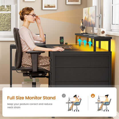 L Shaped Gaming Desk with Storage Drawers LED Lights Power Outlets Corner Home Office Desk Shelves