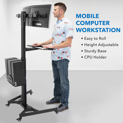 Adjustable Mobile PC Workstation Single Dual Monitor Standing Cart Keyboard Tray CPU Holder Rolling Computer Desk 13–32 Inch Monitor Support