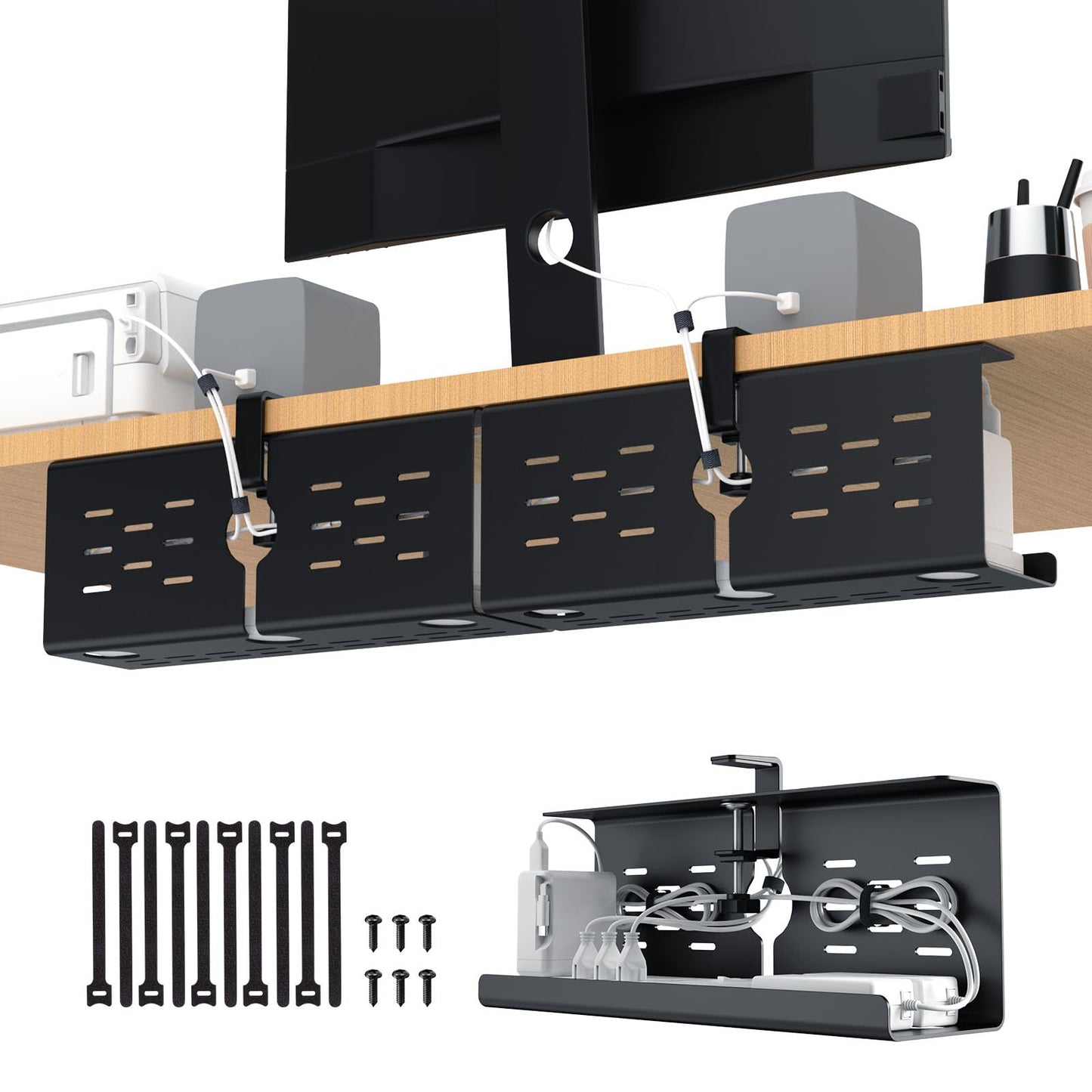 Under Desk Cable Management Tray Cord Organizer Metal Clamp or Screw Mount Heavy Duty Desk Cable Storage Rack
