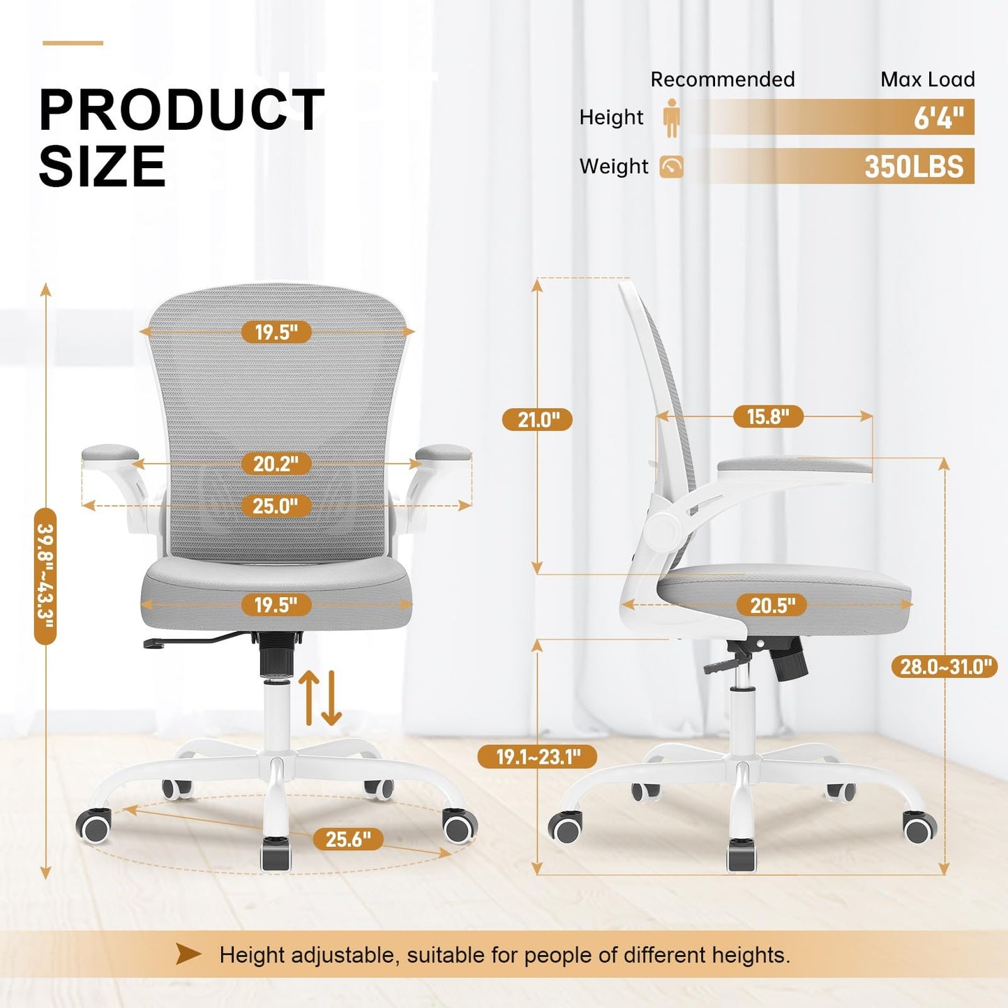 High Back Mesh Office Chair 330LBS Flip-Up Arms Lumbar Support