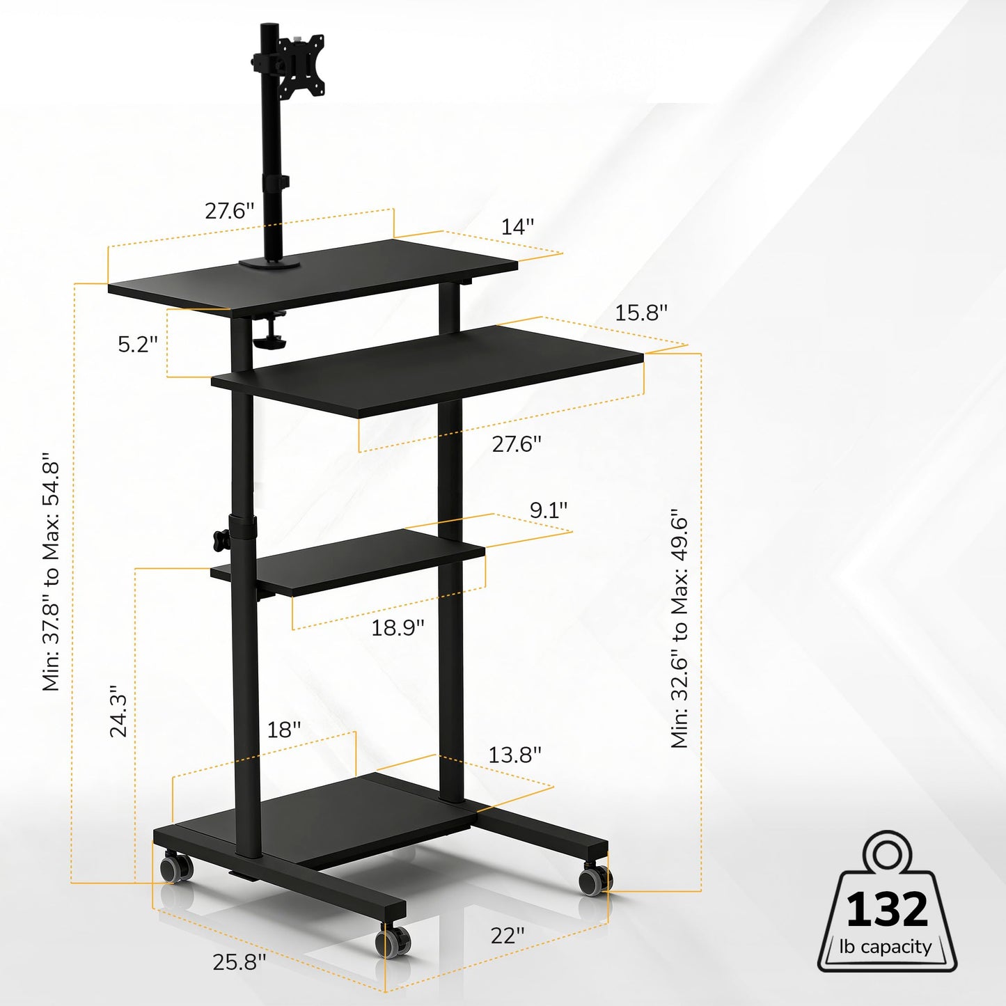 Mobile Stand Up Desk Adjustable Height Rolling Workstation with Monitor Arm Presentation Cart Computer Desk