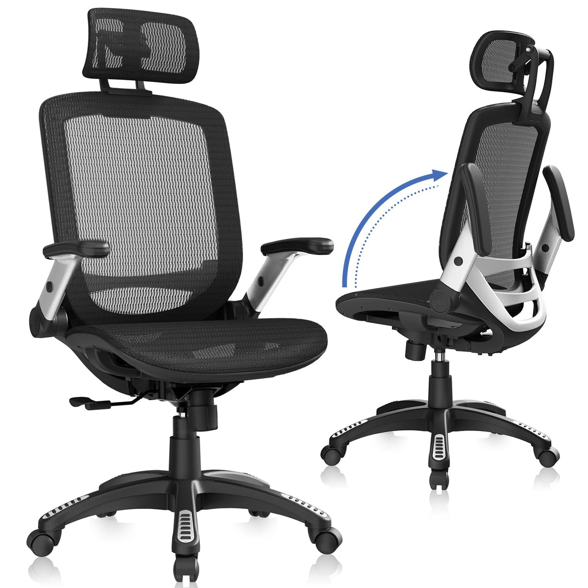GABRYLLY Ergonomic Office Chair, High Back Mesh Desk Chair with Adjustable Headrest, Flip-Up Arms, Tilt Lock Function, Lumbar Support and Comfy Seat, Swivel Computer Task Chair
