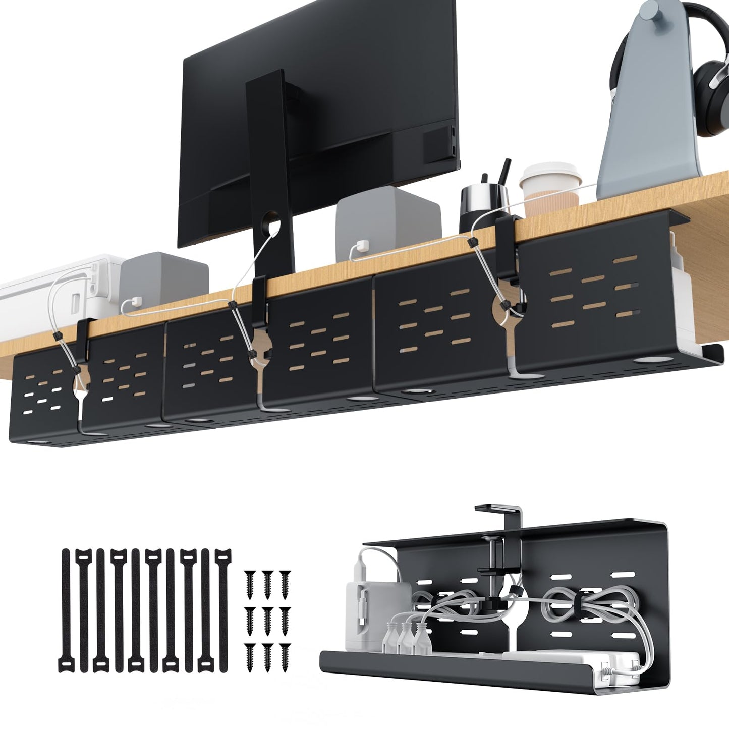 Under Desk Cable Management Tray Cord Organizer Metal Clamp or Screw Mount Heavy Duty Desk Cable Storage Rack