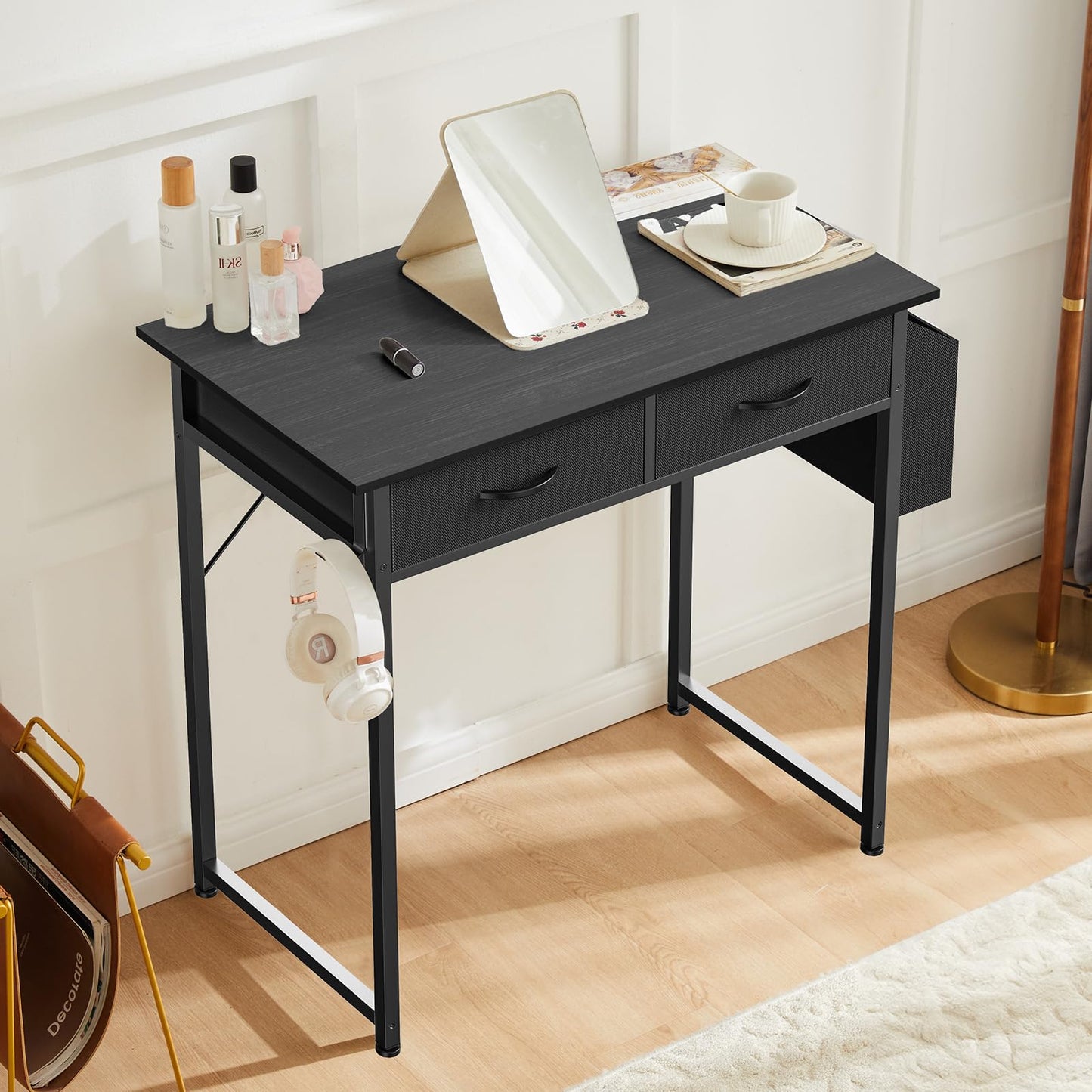 Small Computer Desk with Drawers Storage Bag Headphone Hook Adjustable Feet Home Office Study Gaming Desk