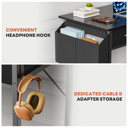 Small Computer Desk with Drawers Storage Bag Headphone Hook Adjustable Feet Home Office Study Gaming Desk
