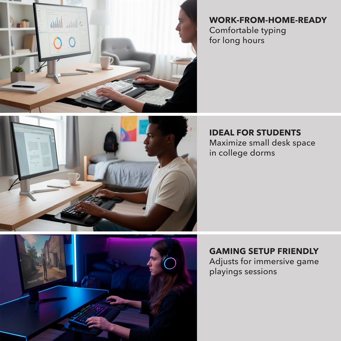 Full Motion Under Desk Keyboard Tray Adjustable Height Tilt Swivel Ergonomic Slide Out Platform with Wrist Rest Drawer Mount Workstation