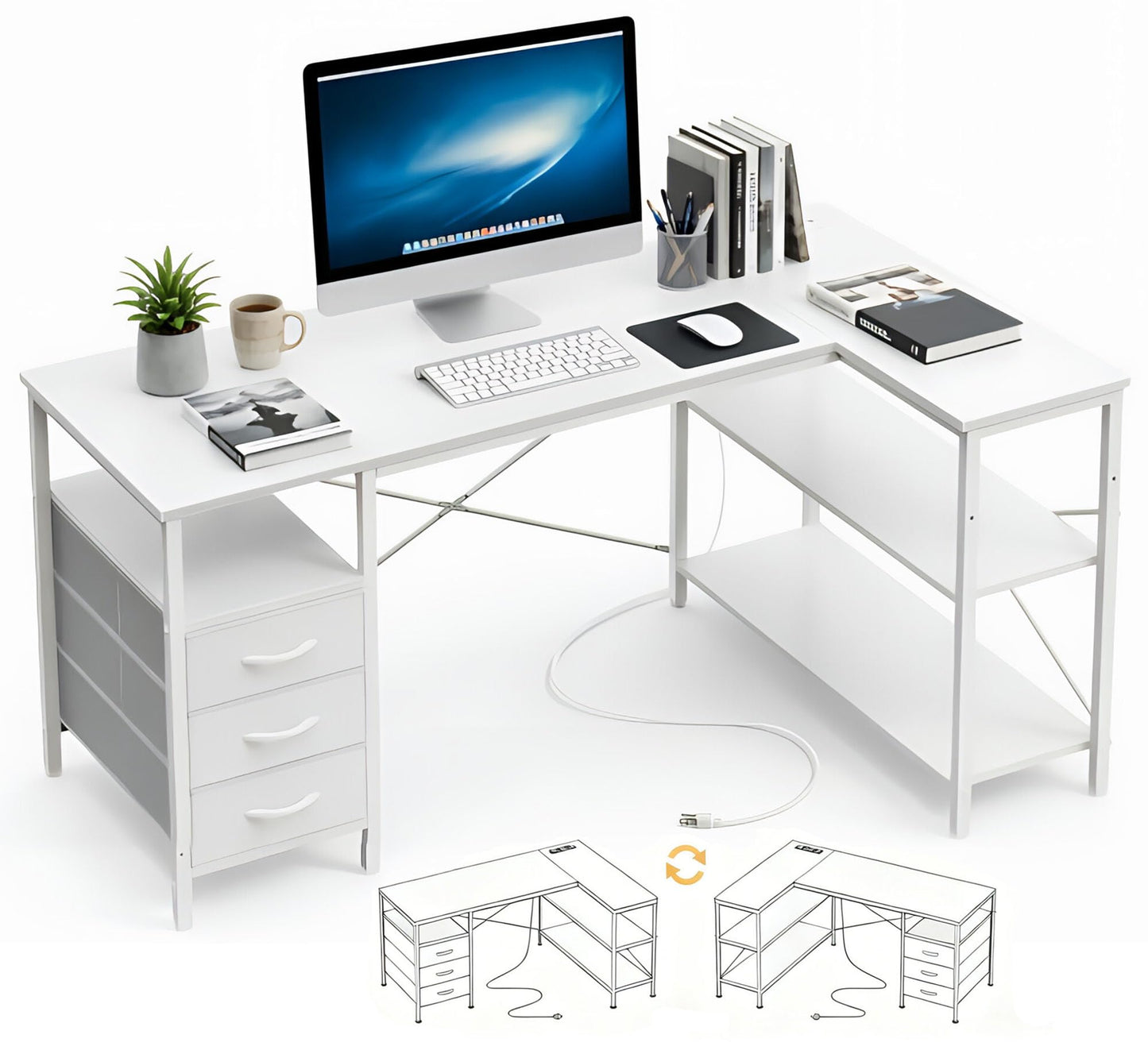 L Shaped Gaming Desk with Shelves Reversible Storage Corner Computer Desk for Gaming Study Writing Home Office