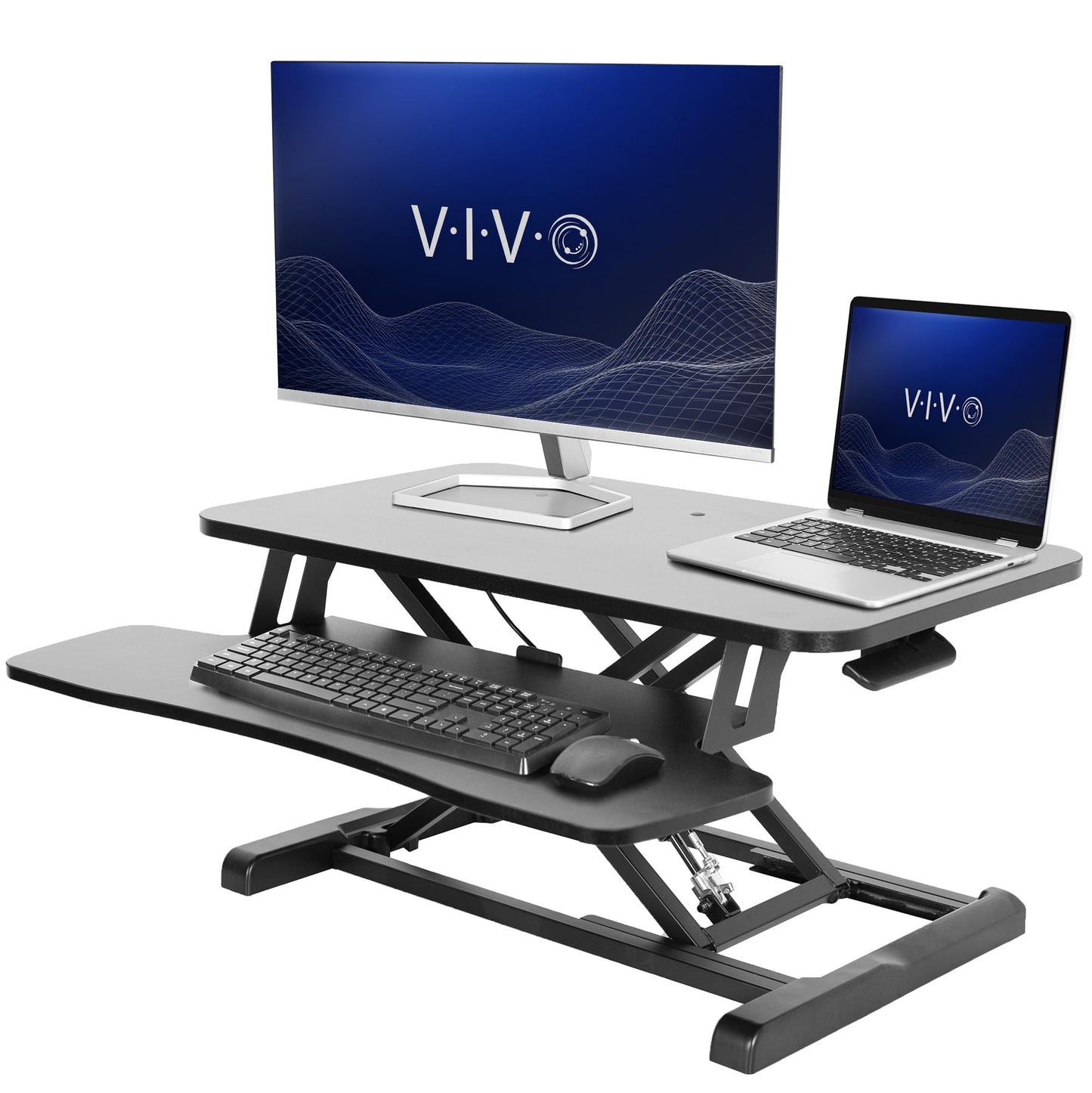 Height Adjustable Desk Converter Sit Stand Workstation Dual Monitor Laptop Riser Wide Keyboard Tray
