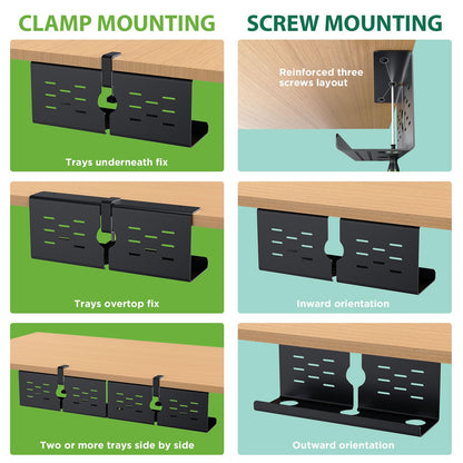 Under Desk Cable Management Tray Cord Organizer Metal Clamp or Screw Mount Heavy Duty Desk Cable Storage Rack