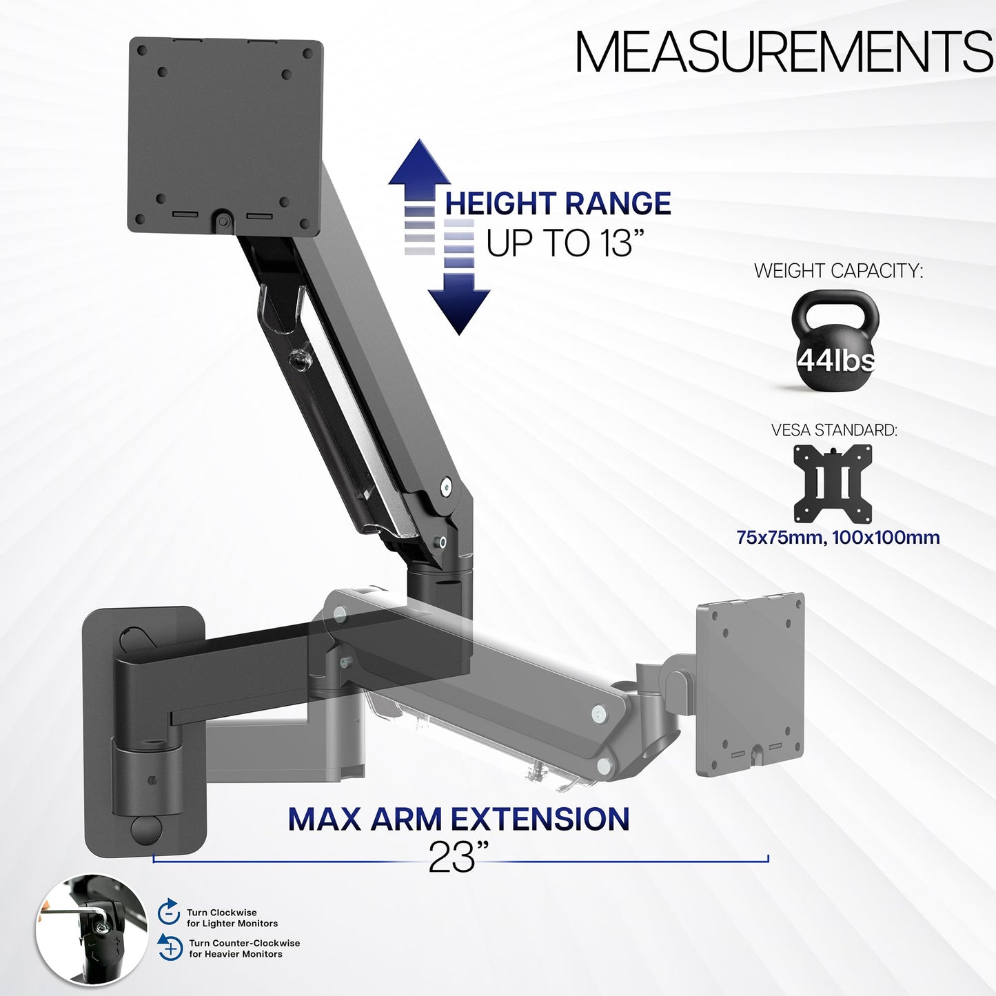 Premium Aluminum Heavy Duty Monitor Arm Ultrawide Screen Wall Mount Pneumatic Height Adjustable Single Arm VESA 100x100 Support