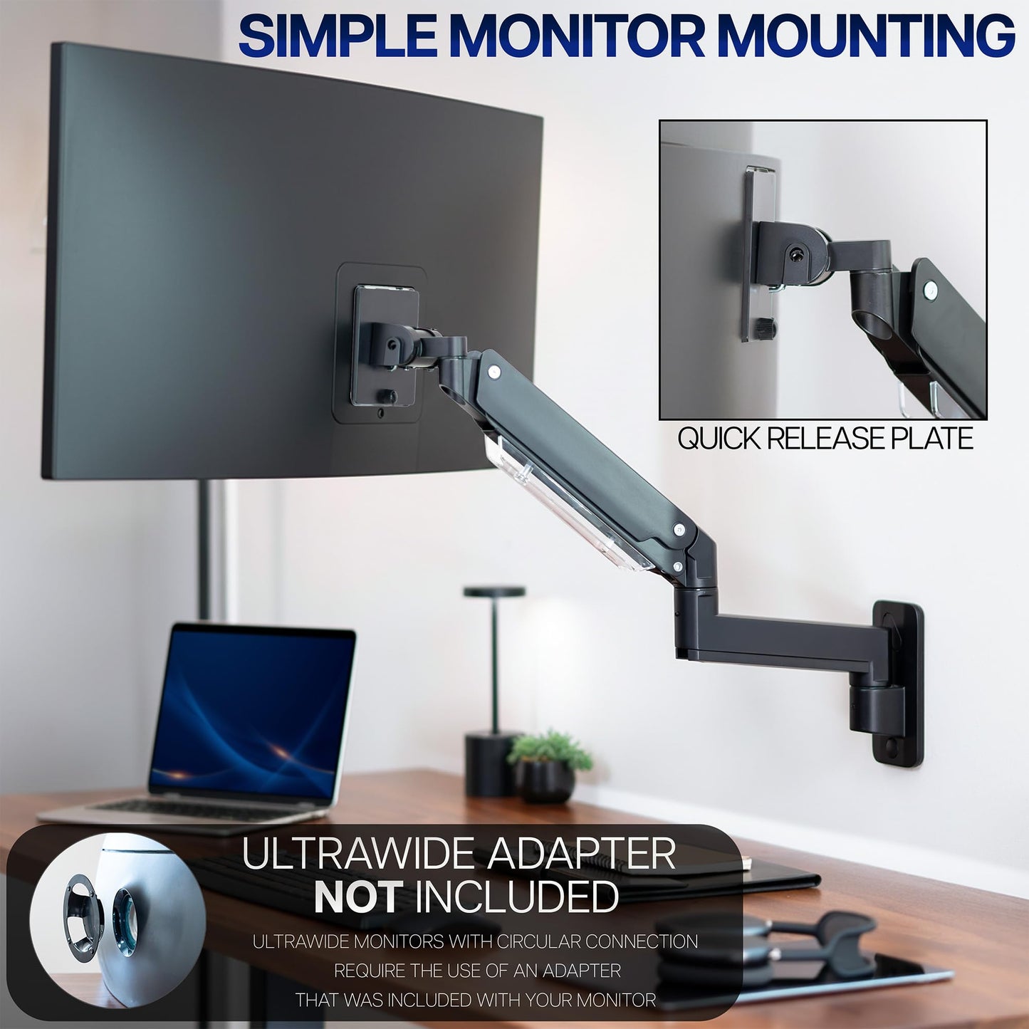 Premium Aluminum Heavy Duty Monitor Arm Ultrawide Screen Wall Mount Pneumatic Height Adjustable Single Arm VESA 100x100 Support