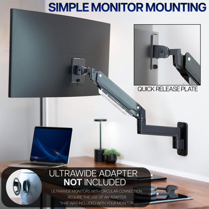 Premium Aluminum Heavy Duty Monitor Arm Ultrawide Screen Wall Mount Pneumatic Height Adjustable Single Arm VESA 100x100 Support