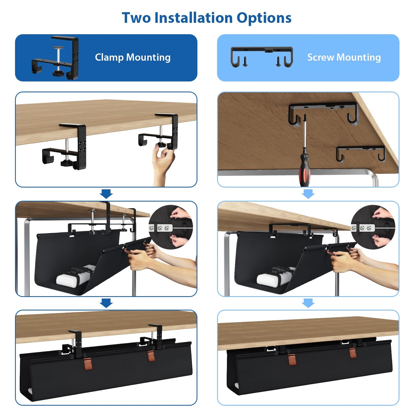 Under Desk Cable Management Tray Fabric Cord Organizer Clamp or Screw Mount No Drill Wire Management Home Office